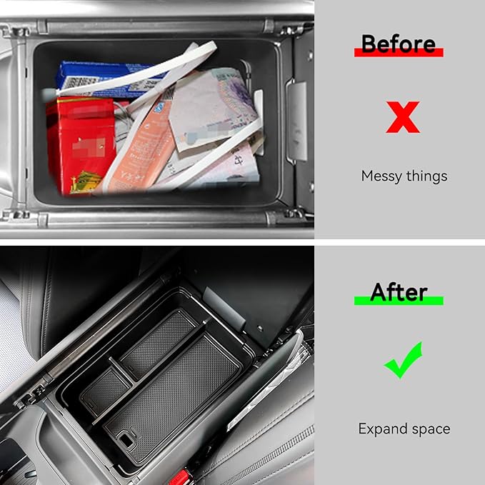 LUCKEASY Armrest Box Storage Box Compatible with Hyundai Santa Fe 2024 2025 2026 ABS Armrest Box Storage Tray and PVC Mats Black ABS for Santa Fe Accessories Black