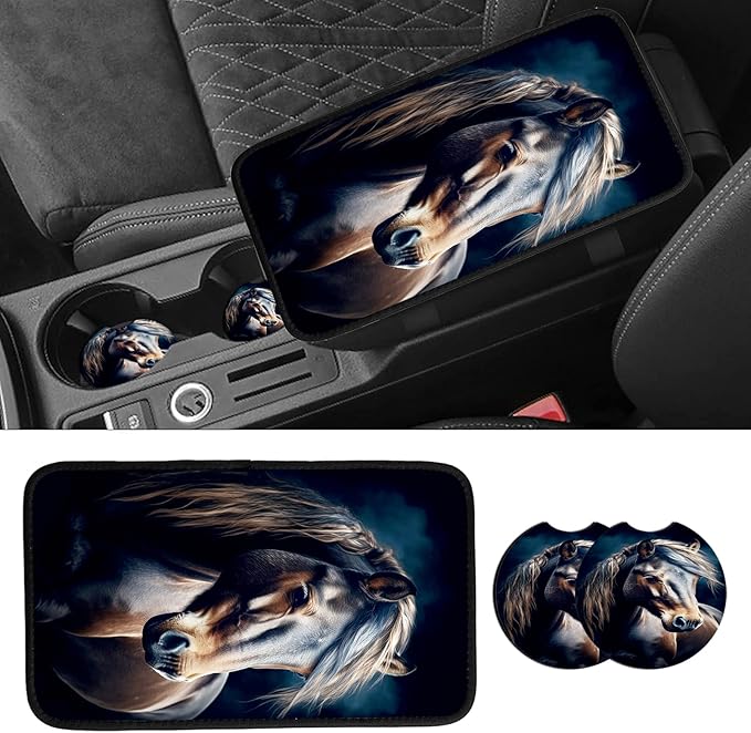 JANENFNA Car Armrest Cover Pads Universal Fashion Cute Auto Center Console Armrest Cover Pad with 2PCS Car Coasters Soft Waterproof Car Armrest Seat Protector for Women,Small Horse