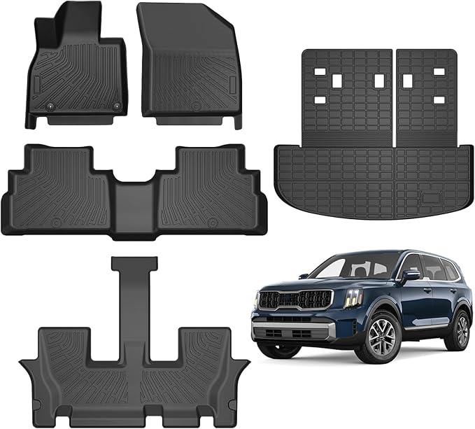 Telluride Floor Mats - Fit for Kia Telluride 2020-2025 2026 (7&8 Seats), All Weather Floor Mat & Cargo Liner w/Baclkrest for Telluride Accessories, Heavy Duty Waterproof
