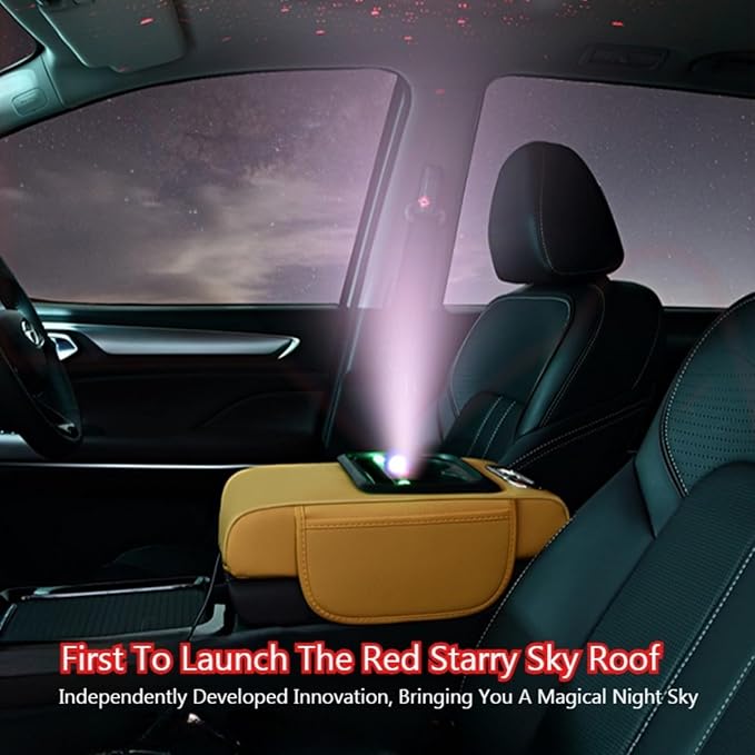 Car Armrest Pad Cover with Red Starry Sky LED Projection, Dual Type-C Charging Ports, Leather Car Center Console Cushion with Cup Holder, Tissue Holder (Red Starry Sky LED Projection, Gray)