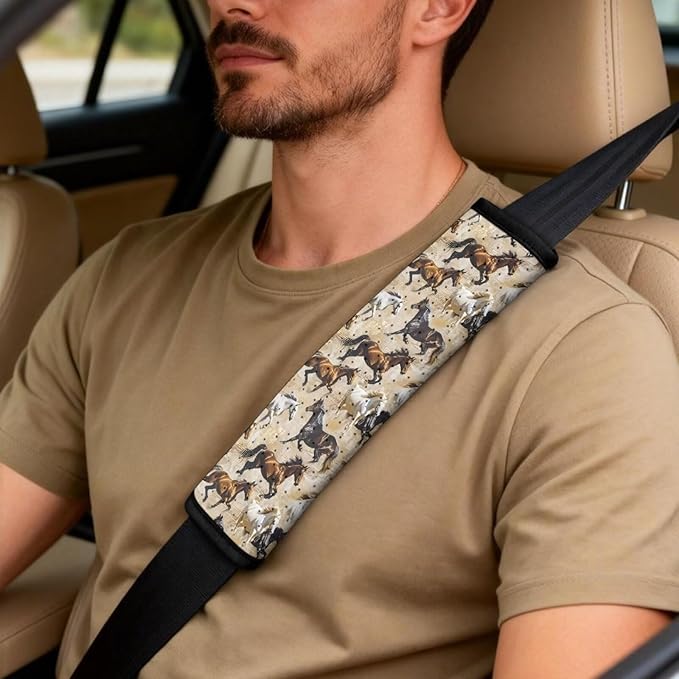 Qeluxign Horses Car Seat Cover Set with Armrest Cover Cushion PU Automotive Car Cover and Seat Belt Shoulder Straps Pad, Universal Fit for Truck Sedan SUV, Pack of 5