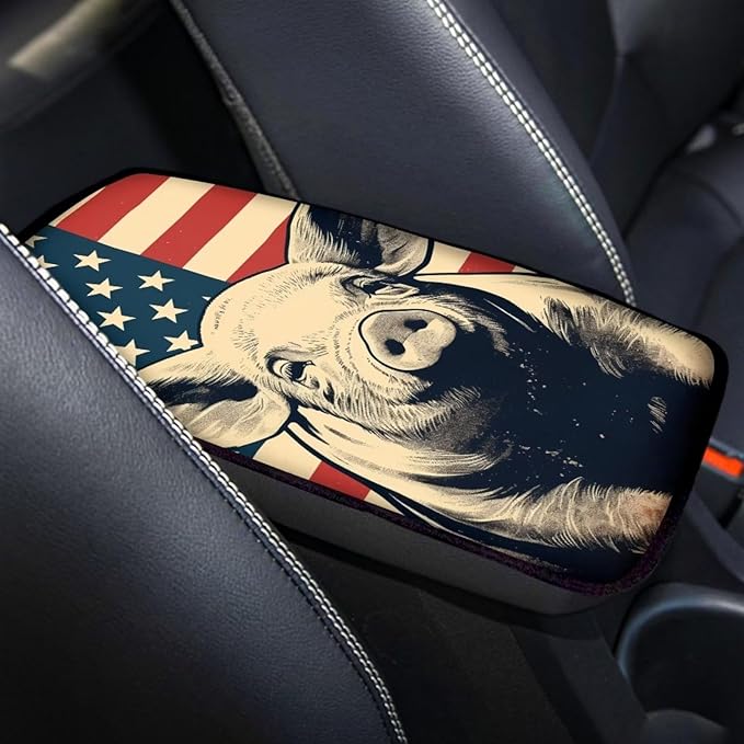 Car Center Console Pad, Universal Waterproof Car Armrest Seat Box Cover, Car Interior Accessories for Most Vehicle SUV Truck Vintage American Flag Pig Car Armrest Pad