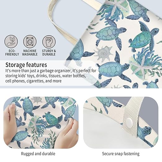 AUEKLLW Car Trash Can, Hanging Garbage Bin for Men and Women, Cute Car Organizer and Storage Bag, Canvas Vehicle Trash Can Bag Easy-to-Install Cute Blue Turtle