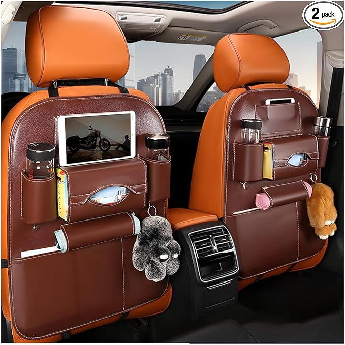 2PCS Car Seatback Organizer, Waterproof Leather Seat Back Storage with Cup Holder Tissue Holder Multiple Pockets, Back Seat Protector Kick Mats for Kids, Travel Accessories (Coffee)