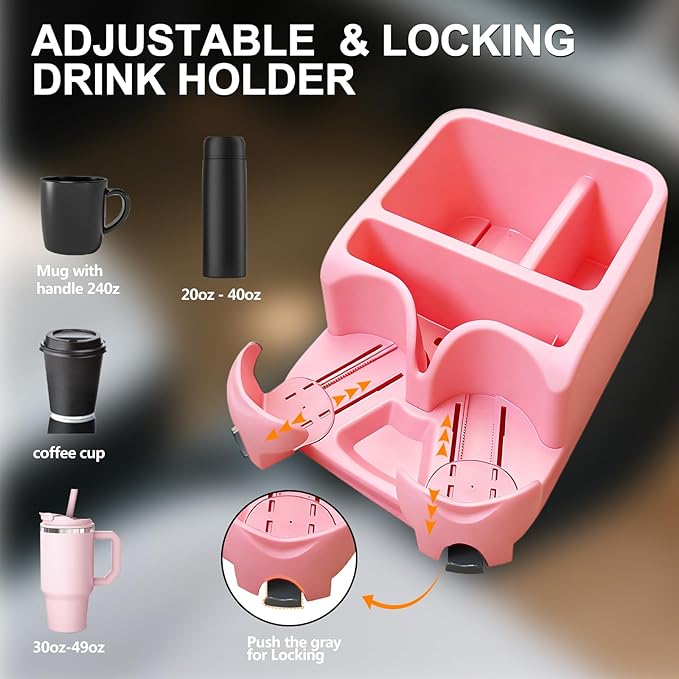 Car Center Console with Adjustable Cup Holders, Universal Center Console Organizer for Truck, Cars, Minivans, Suvs, Truck Floor Console, Bench Seat Center Console (Pink)