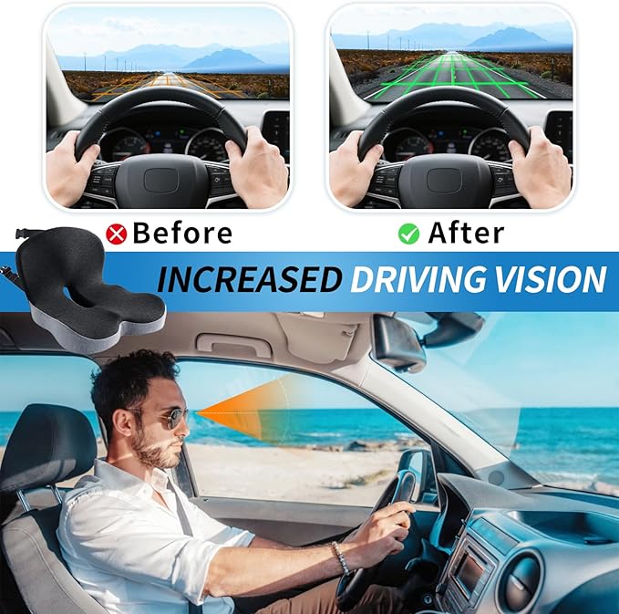 Memory Foam Seat Cushion for Truck Drivers with Adjustable Strap Ergonomic Car Seat Cushions for Driving, Chair Cushion for Back Pain，Lumbar Support & Sciatica Relief for Driving Long