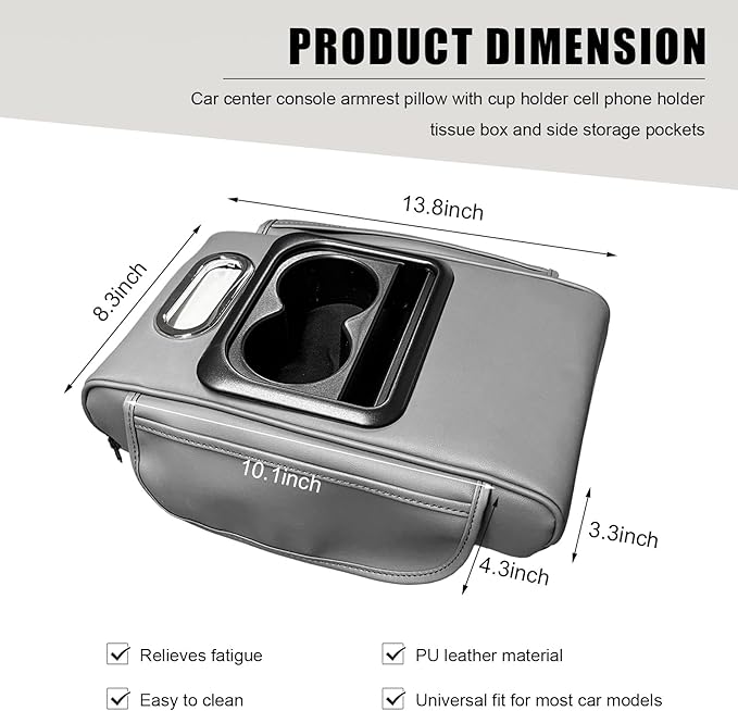 Car Center Console Armrest Pillow, Leather Arm Rest Cover Pad with 2 Storage Pockets Cup Holder & Phone Slot, Soft Middle Console Cushion Protector for Most Vehicles (Gray, Normal)