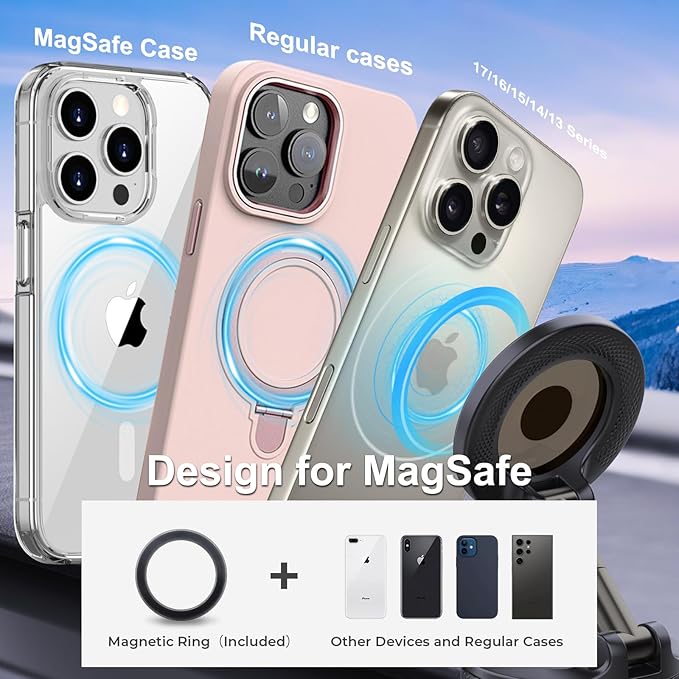WRJ Car Phone Holder, [96+LBS Suction+2500gf Magnetic] 360° Adjustable Car Phone Mount for Magsafe, Cell Phone Holder for Your Car/Gym/Mirror/Smooth Surface-Black