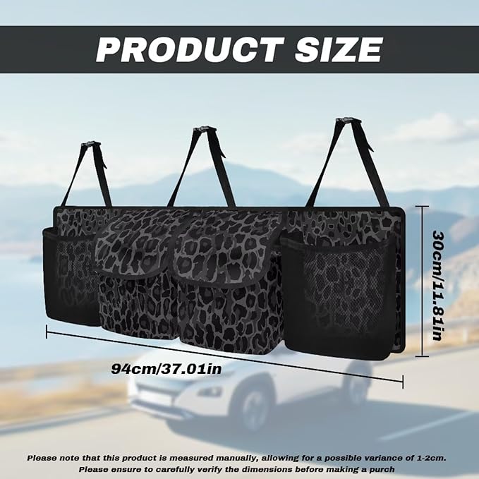 SEANATIVE Black Leopard Car Trunk Organizer, Backseat Hanging Storage with 4 Large Pockets, Collapsible Cargo Bag with Adjustable Straps Frees Trunk Floor, Suit for SUV, Truck, Van
