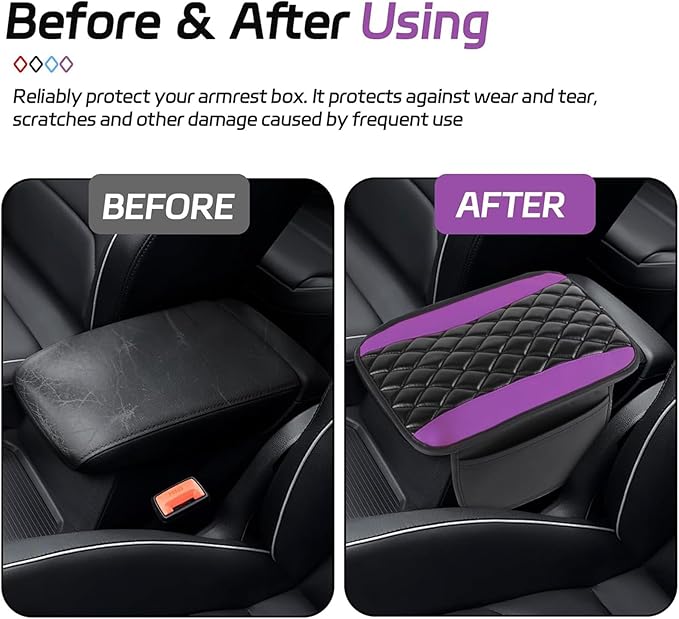 Car Center Console Cover for Acura MDX 2022 2023 2024, Memory Foam Arm Rest Cover Pad Comfortable Waterproof Armrest Cushion with 2 Storage Bags Universal Accessories,C/Purple