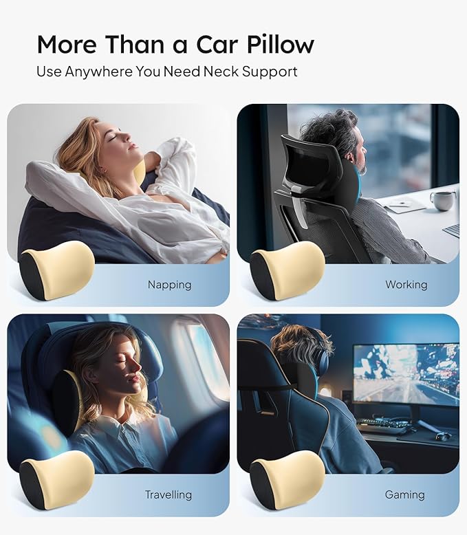 Wigoo 2026 Upgrade Car Neck Pillow [No More Pressure, Odorless] Soft Car Headrest Pillow with Adjustable Strap Removable Cover 100% Memory Foam, Fits All Vehicles (Beige 2-Pack)