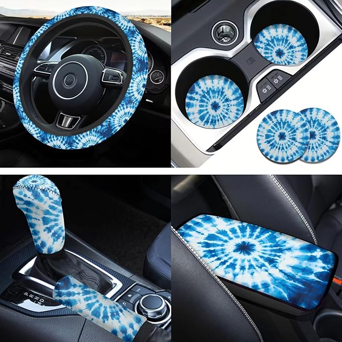 Blue Tie-Dye Car Steering Wheel Cover Set for Men Women 6 Pcs Car Interior Decor Cup Coaster Handbrake Cover Universal Fit Auto,Suvs,Truck
