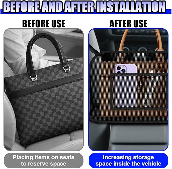 Car Net Pocket Handbag Holder, Large Capacity Automotive Organizer Mesh Pouch Between Front Seats, Auto Backseat Barrier for Pet Kid, Universal Vehicle Storage Bag for Women Men(Black)