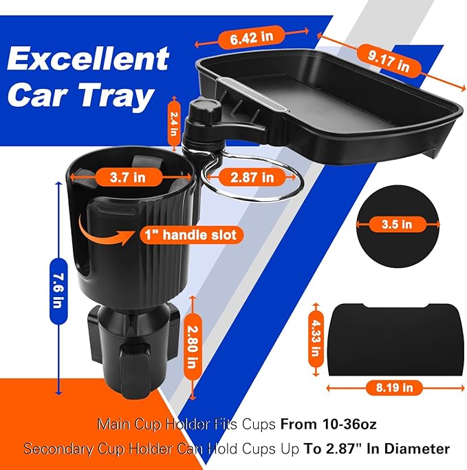Cup Holder Tray for Car, 360° Rotating Car Tray, Car Food Table Tray for Eating with Solid Base & Phone Slot, Car Cup Holder Expander for Road Trip Essentials for Adults, ATCT-8