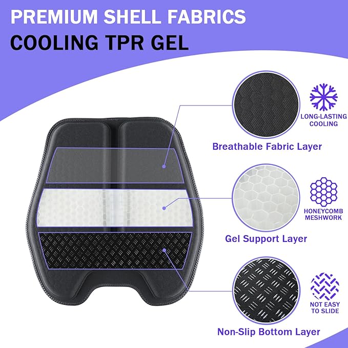 Soft Thin Gel Seat Cushion for Car Seat, Office Chair, Wheelchair, Stadium - Non-Slip Car Seat Cushions with 1 Inch Gel - Sciatica & Tailbone Pain Relief (Black)