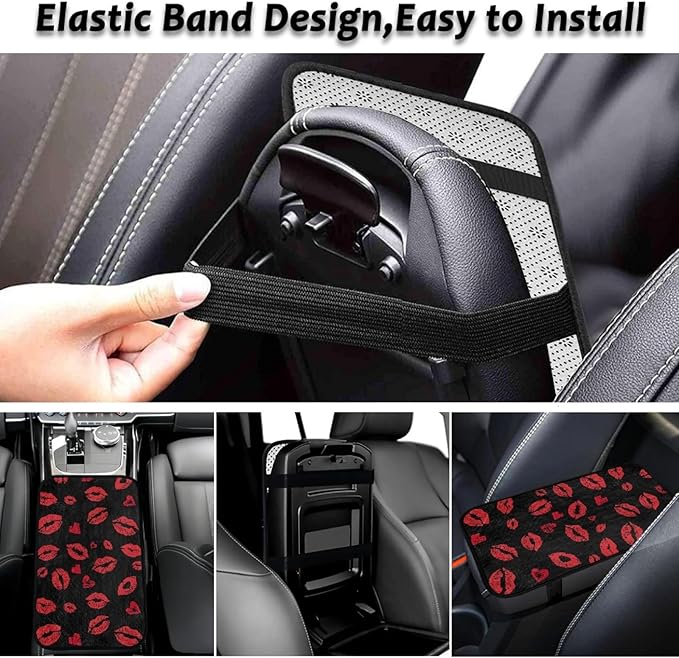 CLOHOMIN Red Kiss Lips Car Center Console Cover Fashion Car Arm Rest Cushion Flannel Auto Console Covers Fluffy Armrest Cover Auto Accessories for Most SUV Van Truck