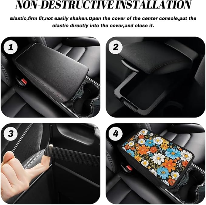 BIGCARJOB Hippie Daisy Print Center Console Cover for Cars Truck Interior Seat Accessories,Blossom Daisy Car Armrest Seat Box Cover Cushion with Side Storage,Universal Fit