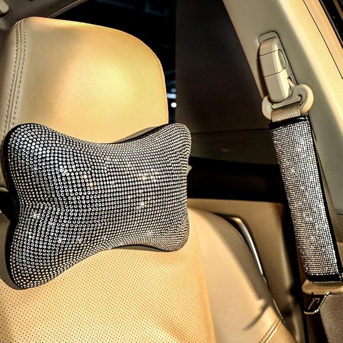 2 Pack Car Neck Pillow for Driving Seat Auto Headrest Cushion Head Rest Neck Support Relax Crystal Rhinestone Diamond Interior Bling Accessories for Women Girly Comfortable White