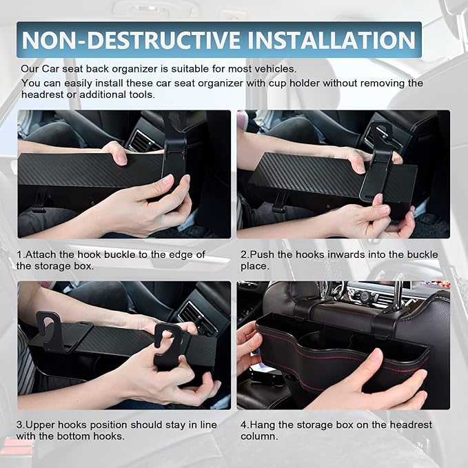 Backseat Car Organizer with Cup Holder, Premium Leather Backseat Car Organizer for Snacks, Canned Drinks, and Phone with Two Seat Hooks, Perfect for Travel - 2-Pack