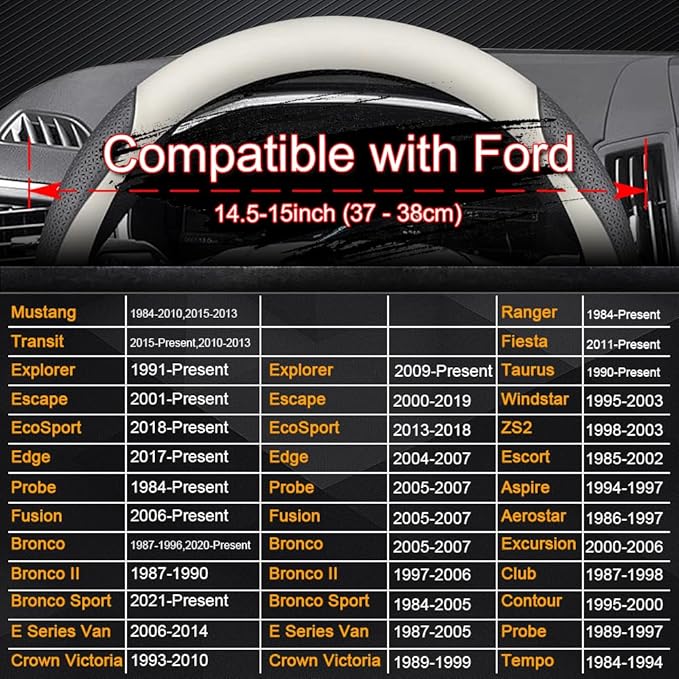 HAOTULE Nappa Leather Slim and Stylish Steering Wheel Cover, for Ford Steering Wheel Cover Accessories Interior Modification, (White and Black)