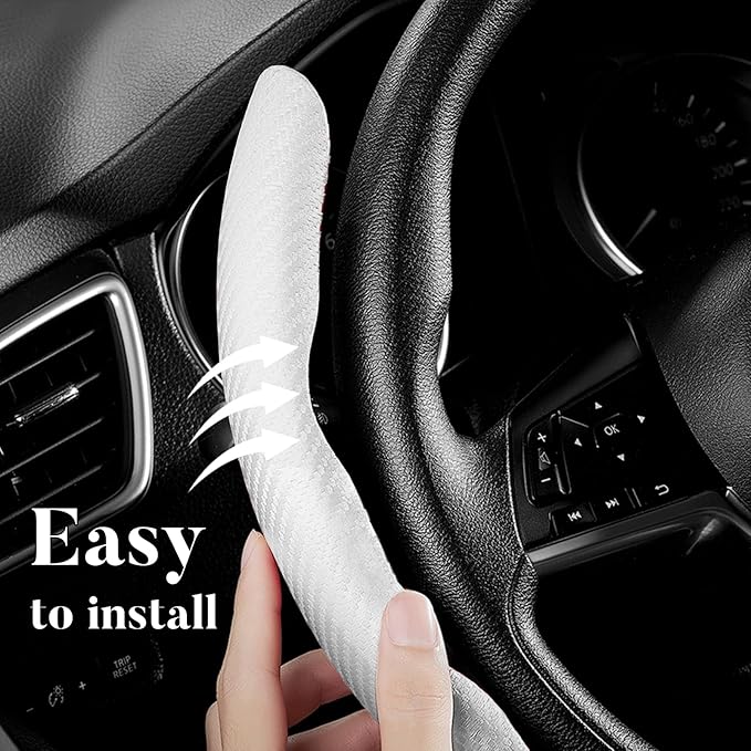 Carbon Fiber Steering Wheel Cover 3pcs Anti-Slip Car Steering Wheel Accessories Snap on Grip 15 inch Universal White