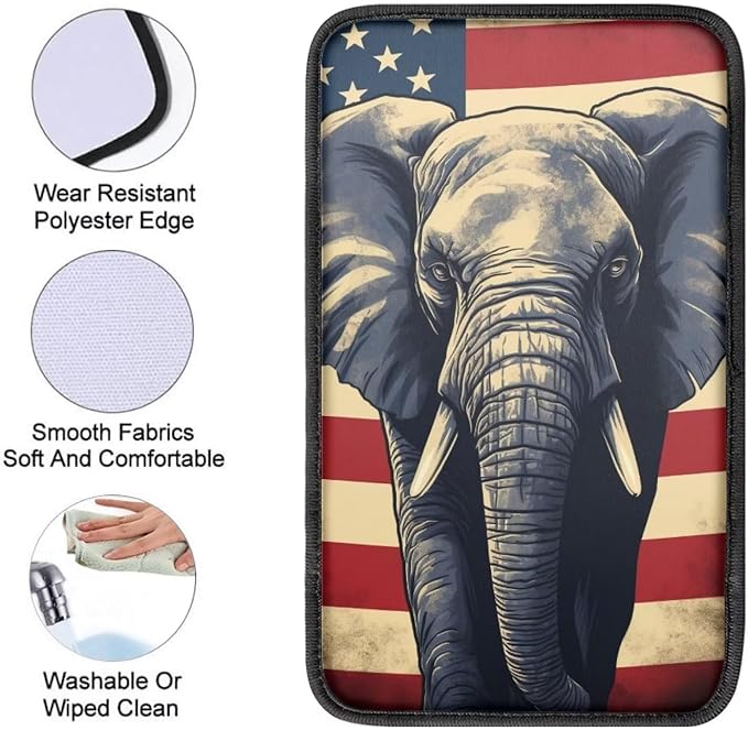 Car Center Console Pad, Universal Waterproof Car Armrest Seat Box Cover, Car Interior Accessories for Most Vehicle SUV Truck Vintage American Flag Elephant Car Armrest Pad