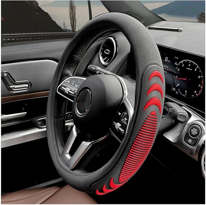 HZEL Car Steering Wheel Cover, 14.5-15" Breathable Vehicle Steering Wheel Protector with Anti-Slip Lining, Comfortable Auto Interior Decoration Accessories, Universal for Truck SUV Sedan (Red)