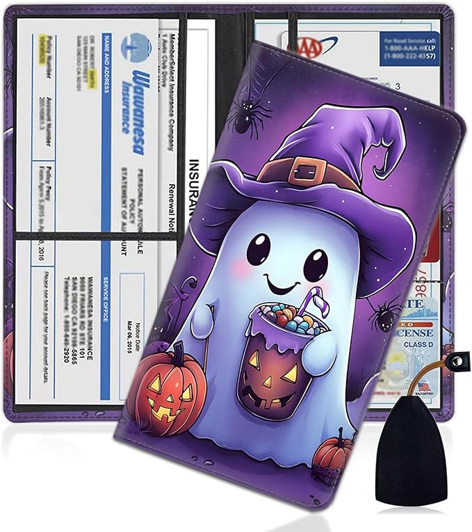 Car Registration Holder, PU Leather Vehicle Glove Box Organizer for Driver License, Document, Car Insurance Holder with Magnetic Shut, Auto Paperwork Wallet Case Accessories, Cute Ghost + Witch Hat