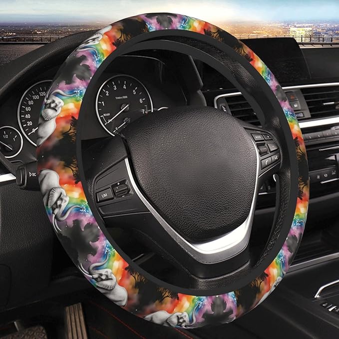 Elephant Rainbow Neoprene Steering Wheel Covers Women Men Car Accessories, Universal 15 Inch Fit Auto, Suvs, Truck