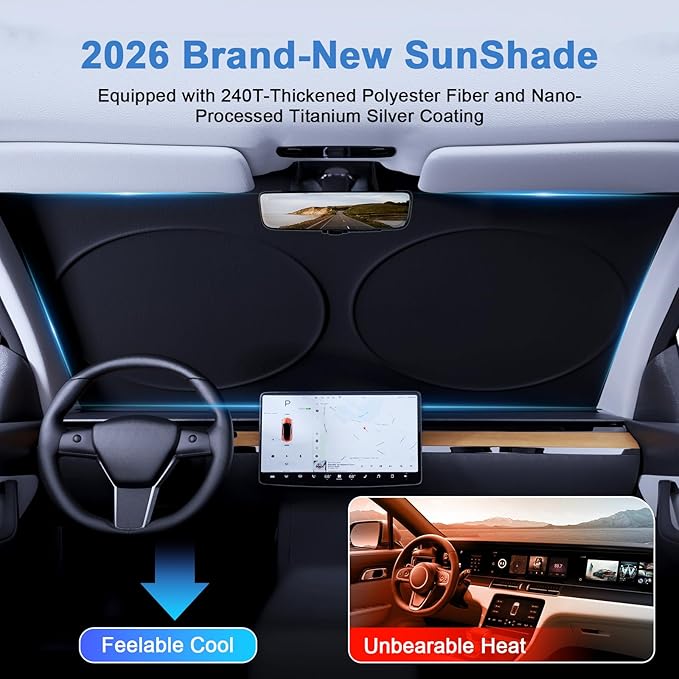 PEMOTech Windshield Sun Shade with Storage Pouch, Thickened Titanium Silver Coating Overlapping Car Window Shades, Blocks 99% Rays & Keeps Interior Cool, Rear View Mirror Compatible (69x35 inches)