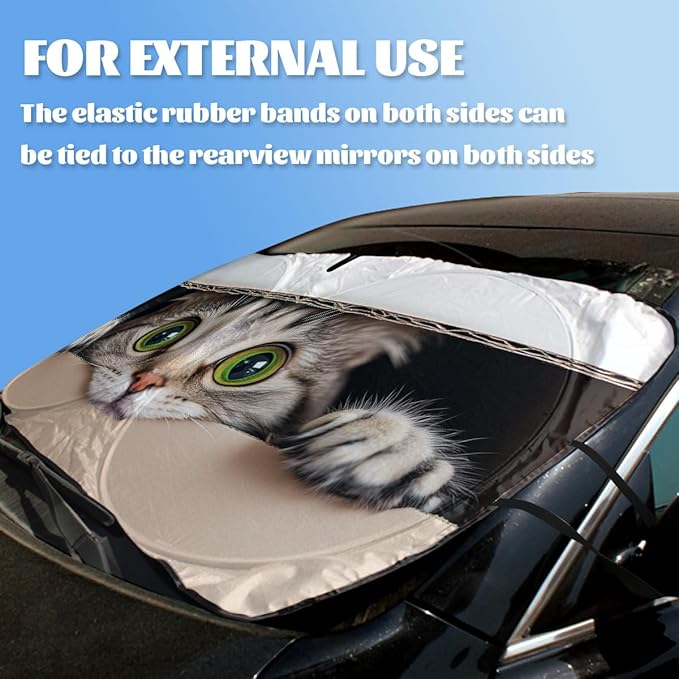 Cute Cat Car Windshield Sunshades Cardboard Box Green Eyes Naughty Cat Front Window Sun Shade Blocks UV Rays Sun Visor Protector for Car Sedan Truck SUV Accessories 59" L x 31.5" W
