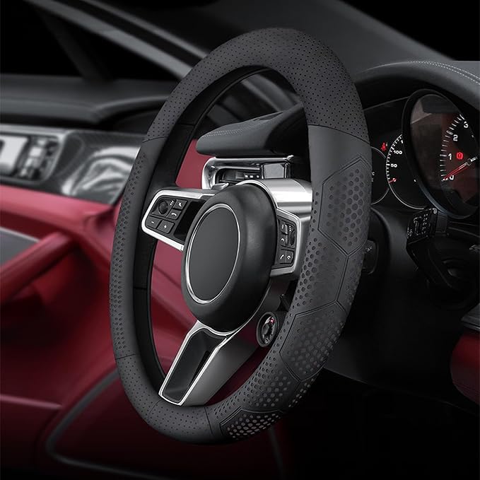 Yangday Leather Steering Wheel Cover for Dodge Ram 1500 2500 3500, 15.5-16 inches Car Steering Wheel Cover with Non-Slip Breathable (Black)