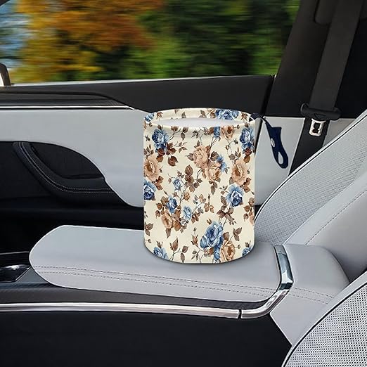 Retro Flower Print Cat Car Garbage Can Small Trash Can with Leak Proof Inside Liner and Hanging Strap Car Organizer Portable for Road Trip