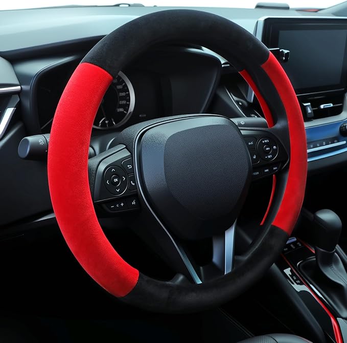 SEG Direct Steering Wheel Cover for Car, Standard Size 14.5-15 inch, Auto Interior Accessories, Warm Plush, Summer Winter, Black and Red