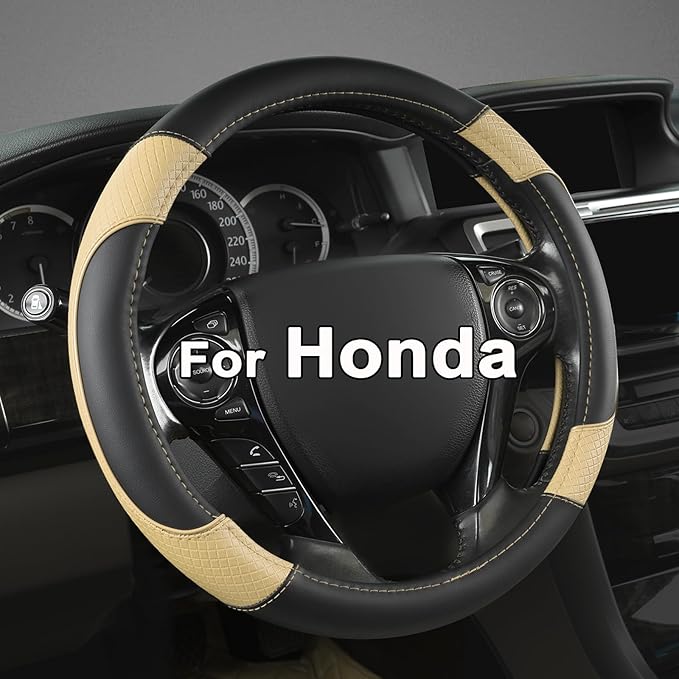 GIANT PANDA Microfiber Leather Steering Wheel Cover for Honda Accord,Civic,CR-V,HR-V,Pilot(Diamond-Pattern-Black+Beige-Standard Size)