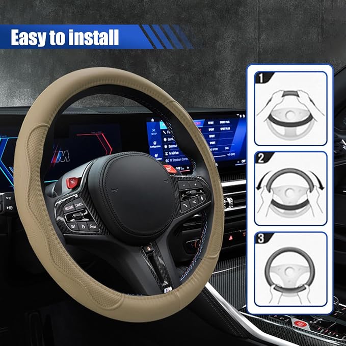 Car Steering Wheel Cover, 15 Inch Leather Anti-Slip Breathable Automotive Steering Wheel Protector, Universal Heat Resistant Vehicle Interior Accessories Cars, SUVs, Trucks(Beige)