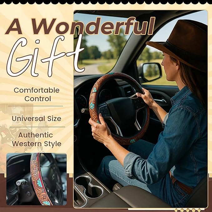 Western Steering Wheel Cover 14.5–15" – Retro Tooled Leather Pattern, Universal Anti-Slip Car Accessories for Trucks SUVs Cars, Boho Cowgirl/Cowboy Gift (D)