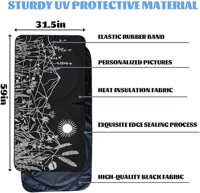 White Ink Line Car Windshield Sunshades Wildflowers Mountains Sun Vines Front Window Sun Shade Blocks UV Rays Sun Visor Protector for Car Sedan Truck SUV Accessories 59" L x 31.5" W