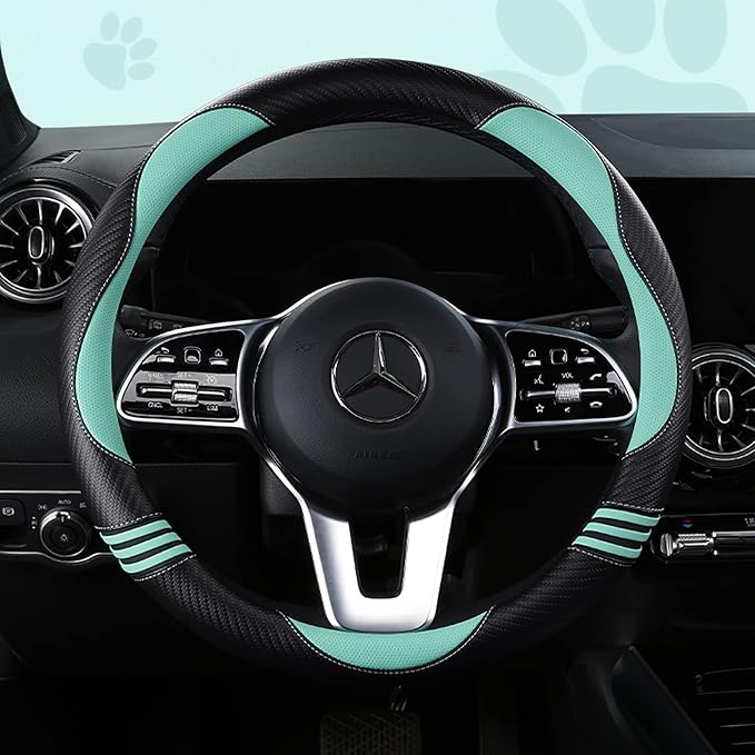 Car Steering Wheel Covers for Women Girl Padded Carbon Fiber PU Leather Cute Cartoon Auto Interior Accessories for Jeep, Truck, Universal, Anti Slip, Green, Large Size, 15.2-16in