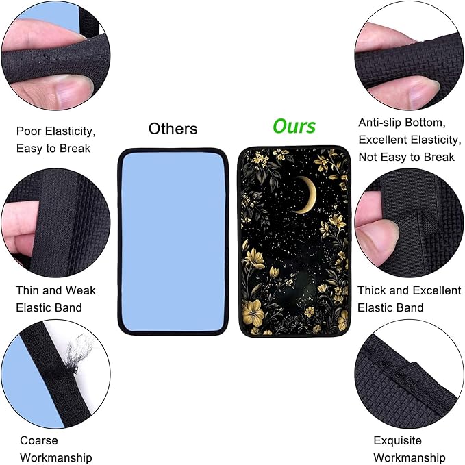 JANENFNA Car Armrest Cover Pads Universal Fashion Cute Auto Center Console Armrest Cover Pad with 2PCS Car Coasters Soft Waterproof Car Armrest Seat Protector for Women,Moon and Flowers