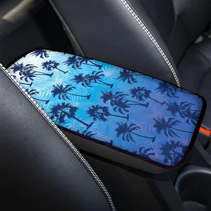 Palm Tree Car Armrest Cover Protector Dustproof Auto Center Console Cover Pad Soft Comfy Cars Armrest Seat Box Covers Cushion Palm Tree Car Accessories Decoration