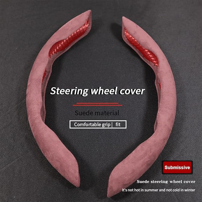 Car Steering Wheel Cover, Microfiber Suede Leather and Carbon Fiber Double Sided Design, Warm in Winter and Cool in Summer, Breathable Non Slip Segmented Protector for Most Cars (Turn Fur/Pink)