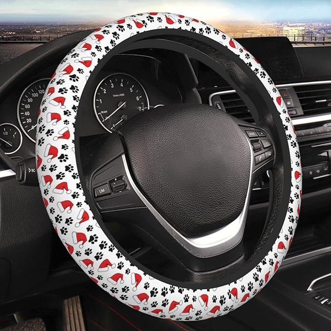 Elastic Steering Wheel Cover, Christmas Cat Paw Prints Universal 15 Inch Non-Slip Breathable Steering Wheel Protector, Car Accessories Fit Auto, Suvs, Truck, Sedans
