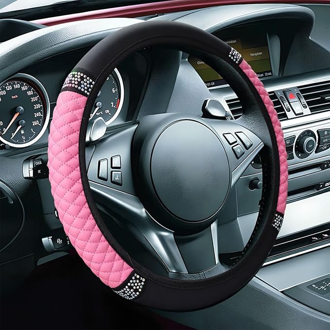 Bling Soft Leather Steering Wheel Cover, 15" Anti-Slip Sparkly Crystal Auto Elastic Steering Wheel Protector for Women Girl, Colorful Diamond Car Interior Accessory for Most Cars (Pink)