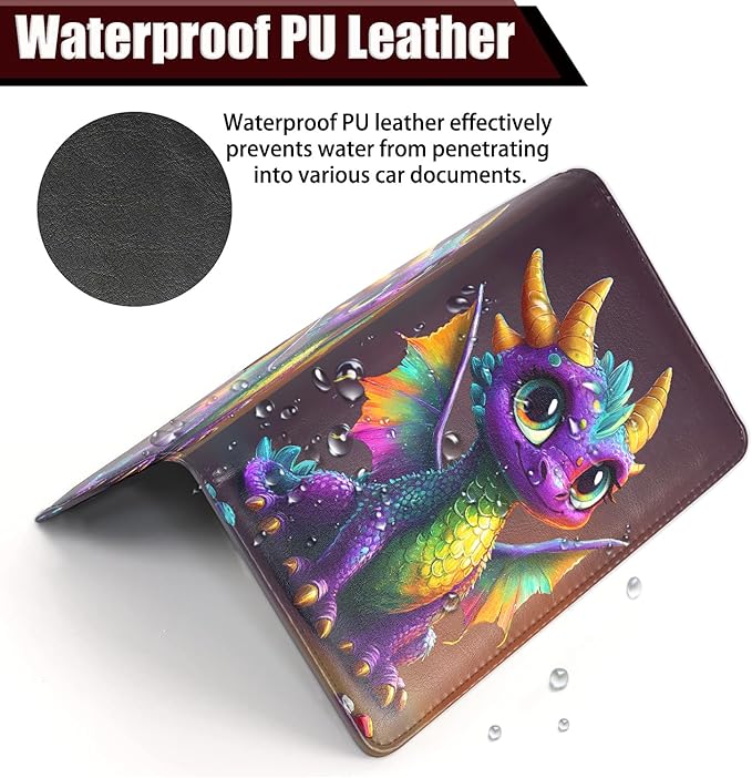 Car Document Holder with Magnetic Shut, Car Registration and Insurance Card Holder, Vehicle Glove Box Organizer Documents, Driver License, Auto Paperwork Organizer Wallet, Colorful Baby Dragon Pattern