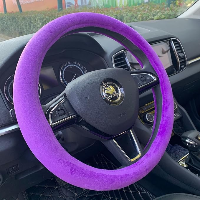 Fluffy Steering Wheel Cover, Short Plush Auto Accessories for Women with Inner Ring Universal 15 Inch (Purple)