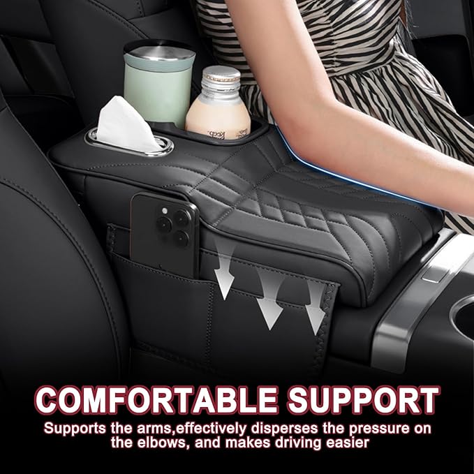 Car Armrest Storage Box for Toyota 4Runner 1984–2025 2020 2021 2022 2023 2024, Sport-Style Center Console Organizer with Side Pocket, PU Leather Armrest Cushion, Elbow Support Pad,A Black