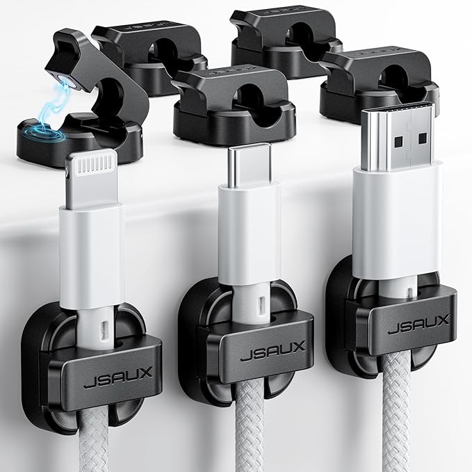 JSAUX Magnetic Cord Organizer 8 Pack – Black Cable Clips with Strong Adhesive – Easy-Open Wire Holder for Desk, Nightstand, Kitchen, Office & Car – Cable Management for Phone, Charger, Appliances