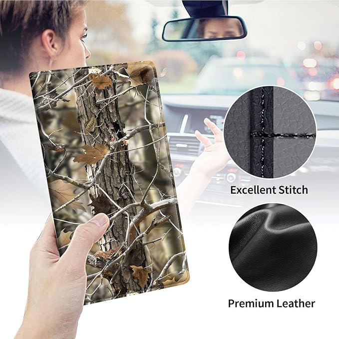 Qindaiwen Car Registration and Insurance Holder, Vehicle Card Document Elastic Band Closure Glove Box Organizer, Driver License Cards, Car Accessories for Essential Info, Camouflage Wood