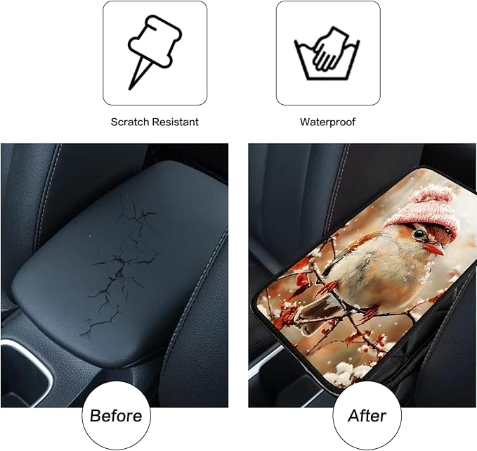 JANENFNA Car Armrest Cover Pads Universal Fashion Cute Auto Center Console Armrest Cover Pad with 2PCS Car Coasters Soft Waterproof Car Armrest Seat Protector for Women,Bird in Pink Hat